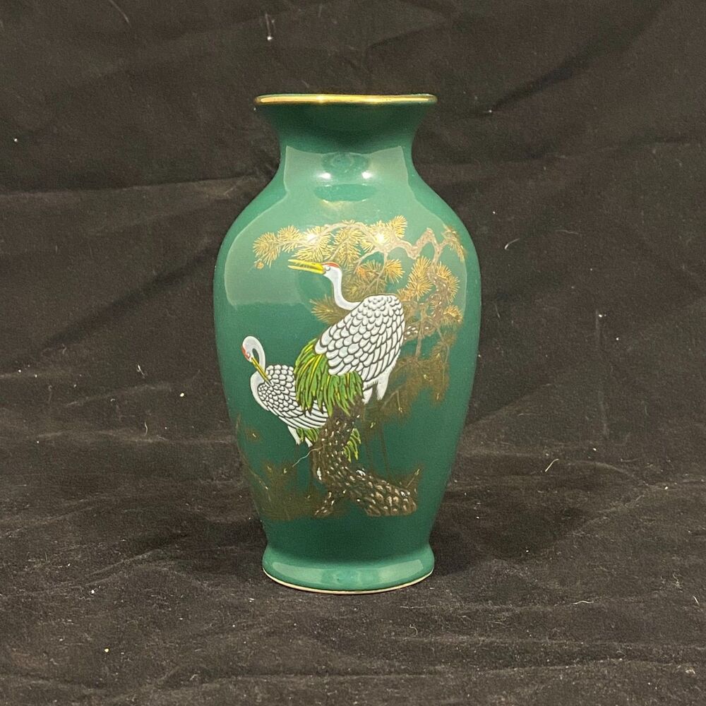 Vintage Koransha Porcelain Vase in Green with gold Birds and Tree decor